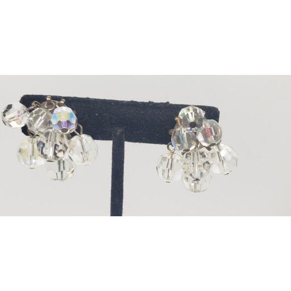 Vintage Earrings Clip Clear Faceted AB Crystal Dangle 1950 Fancy cha Cha Moves - Picture 10 of 10